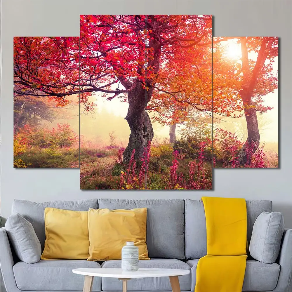 Sunlit Red Forest Canvas Wall Art featuring sunlit red forest in a landscape composition 4 Panels Diamond Layout
