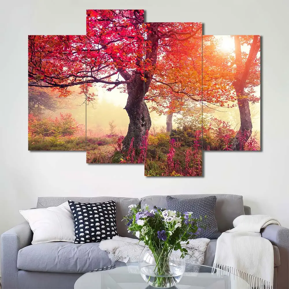 Sunlit Red Forest Canvas Wall Art featuring sunlit red forest in a landscape composition 4 Panels Uneven Layout