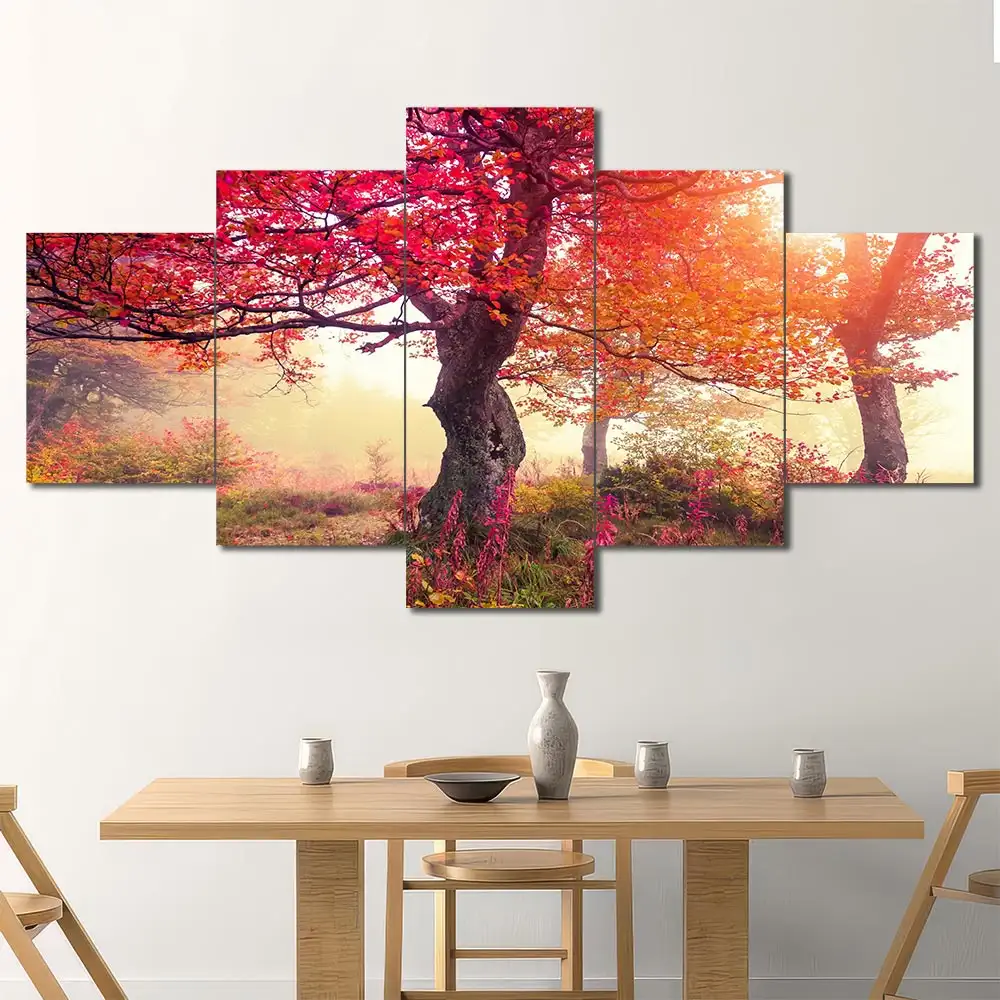 Sunlit Red Forest Canvas Wall Art featuring sunlit red forest in a landscape composition 5 Panels Diamond Layout
