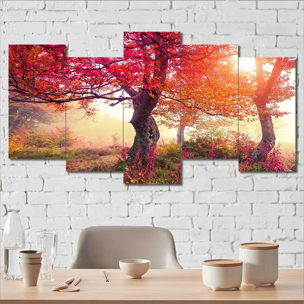 Sunlit Red Forest Canvas Wall Art featuring sunlit red forest in a landscape composition 5 Panels Uneven Layout