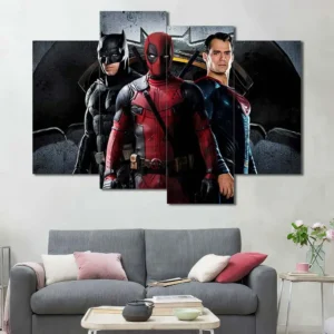 Superhero crossover wall art featuring Batman Deadpool and Superman 4 Panels Uneven Layout
