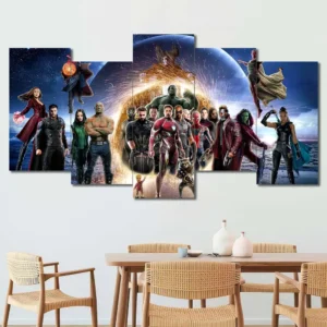 Superhero multiverse wall art featuring heroes united across comic universes 5 Panels Uneven Layout