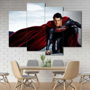 Superman canvas wall art featuring cinematic hero portrait and flowing red cape 4 Panels Uneven Layout