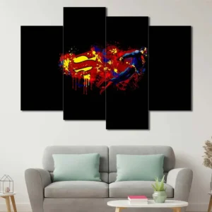 Superman wall art featuring colorful paint splash effects and dynamic flying hero composition 4 Panels Uneven Layout