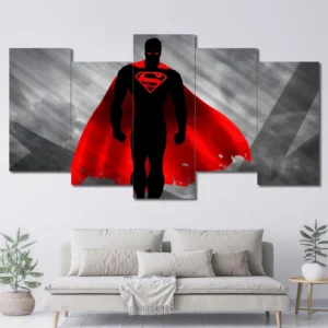 Superman canvas wall art featuring silhouette portrait red cape and dramatic monochrome background 5 Panels Uneven Layout