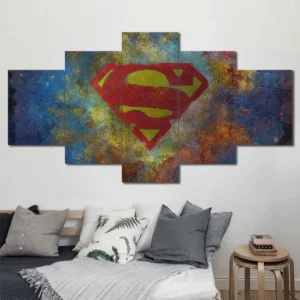 Superman shield wall art featuring artistic vintage paint textures and iconic logo 5 Panels Diamond Layout
