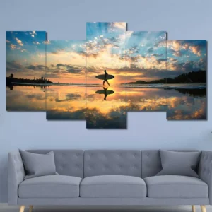 Surfer at Sunset Canvas Wall Art featuring surfer at sunset in a dynamic pose composition 5 Panels Uneven Layout