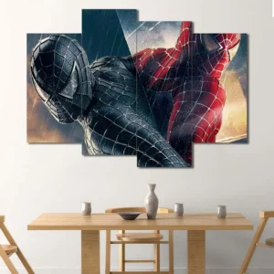 Spider-Man wall art featuring classic suit and black symbiote suit confrontation 4 Panels Uneven Layout