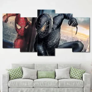 Spider-Man wall art featuring classic suit and symbiote suit side-by-side 5 Panels Uneven Layout