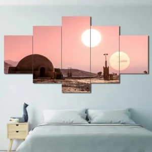 Tatooine Twin Suns Homestead Wall Art – Minimal Desert Sunset Landscape