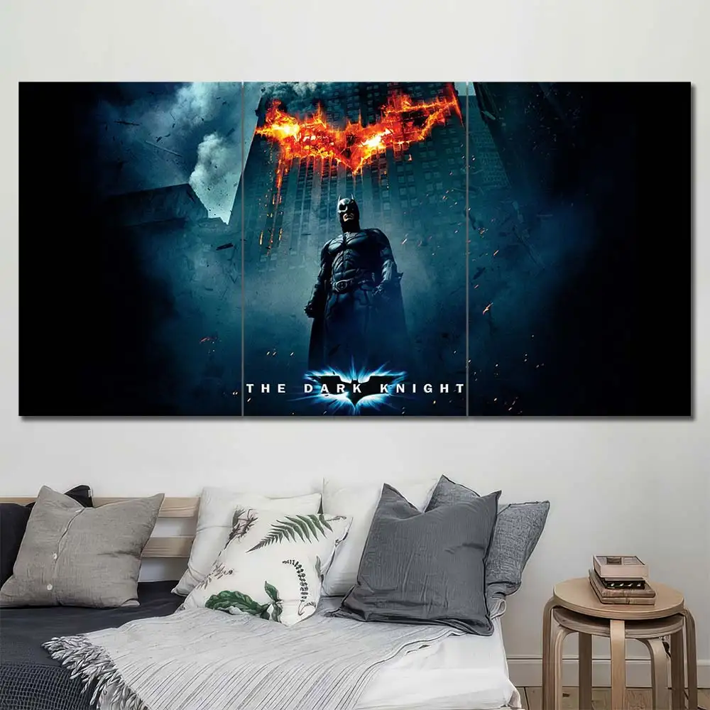 The Dark Knight wall art featuring Batman and iconic movie poster artwork 3 Panels Regular Layout