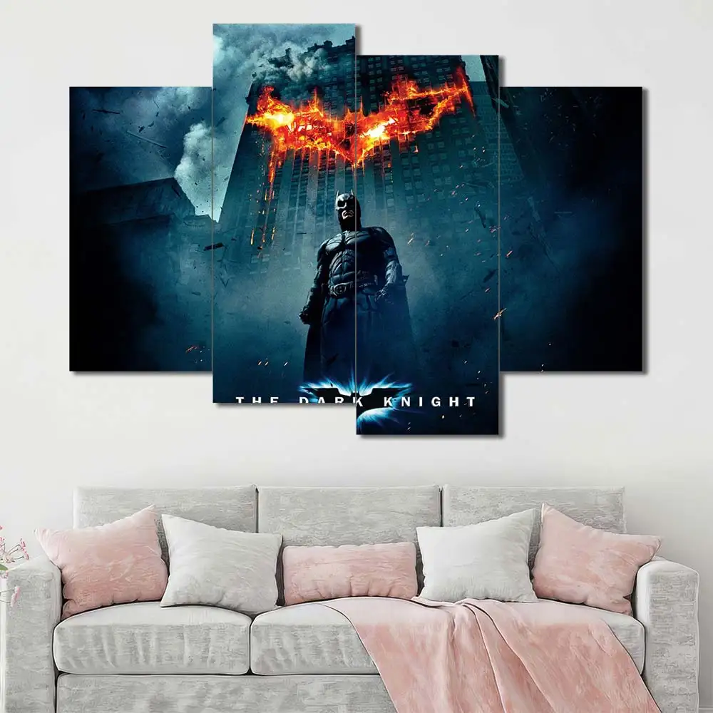 The Dark Knight wall art featuring Batman and iconic movie poster artwork 4 Panels Uneven Layout