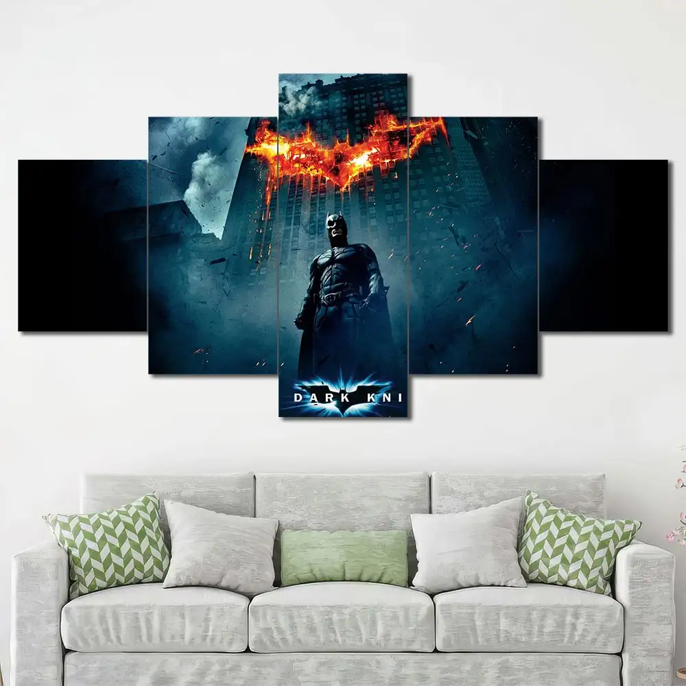 The Dark Knight wall art featuring Batman and iconic movie poster artwork 5 Panels Diamond Layout