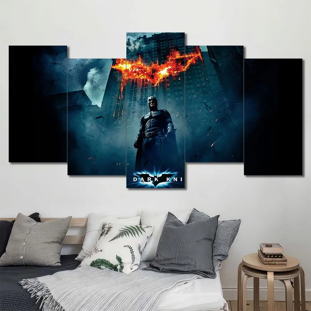 The Dark Knight wall art featuring Batman and iconic movie poster artwork 5 Panels Uneven Layout
