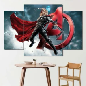 Thor canvas wall art featuring Mjolnir lightning effects and Avengers emblem background 4 Panels Diamond Layout