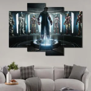 Tony Stark wall art featuring Hall of Armor workshop and multiple Iron Man suits 4 Panels Uneven Layout