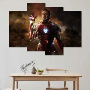 Tony Stark wall art featuring Infinity Stones and heroic sacrifice scene 4 Panels Uneven Layout