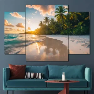 Tropical Beach Canvas Wall Art featuring tropical beach in a landscape composition 4 Panels Diamond Layout
