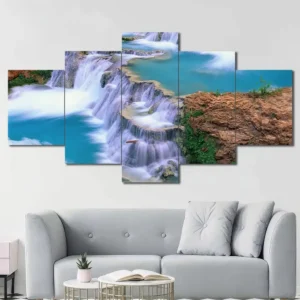Turquoise Waterfalls Canvas Wall Art featuring turquoise waterfalls in a landscape composition 5 Panels Diamond Layout