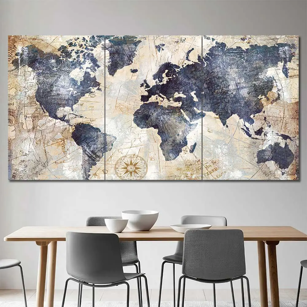 Vintage World Map Canvas Wall Art featuring vintage world map in a classic poster composition 3 Panels Regular Layout