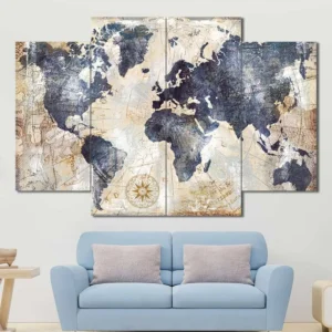 Vintage World Map Canvas Wall Art featuring vintage world map in a classic poster composition 4 Panels Diamond Layout