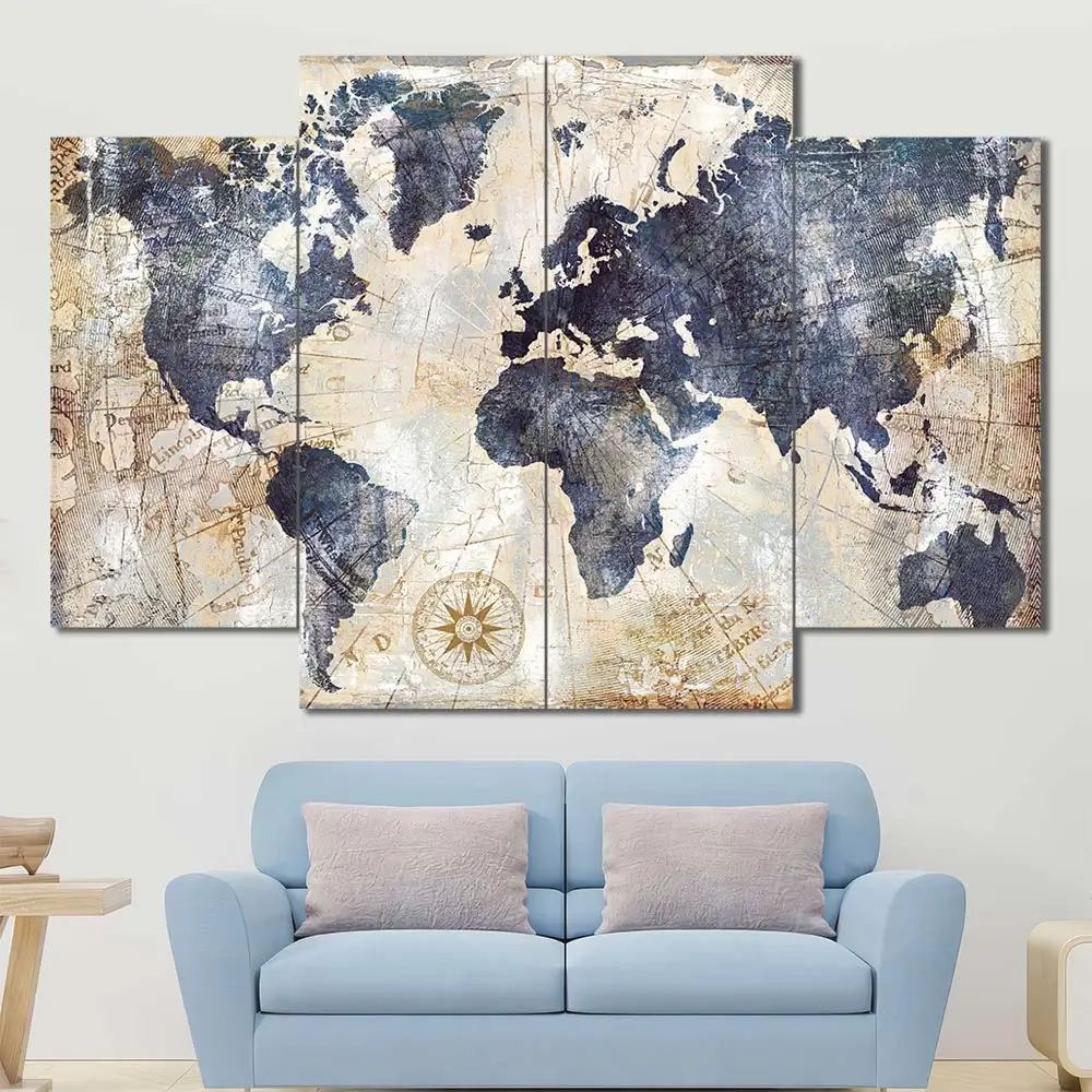 Vintage World Map Canvas Wall Art featuring vintage world map in a classic poster composition 4 Panels Diamond Layout