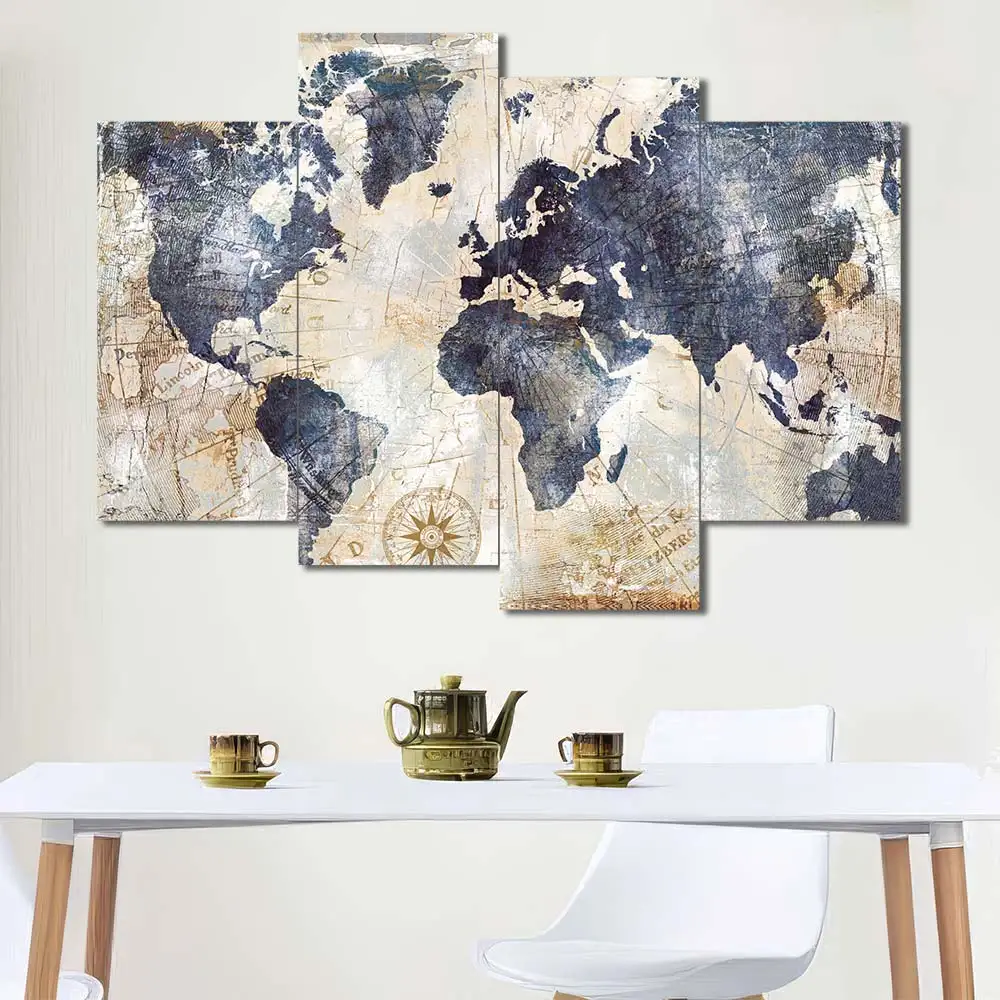 Vintage World Map Canvas Wall Art featuring vintage world map in a classic poster composition 4 Panels Uneven Layout