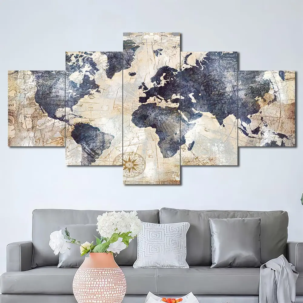 Vintage World Map Canvas Wall Art featuring vintage world map in a classic poster composition 5 Panels Diamond Layout