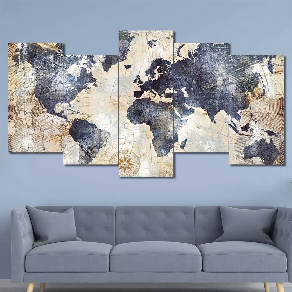 Vintage World Map Canvas Wall Art featuring vintage world map in a classic poster composition 5 Panels Uneven Layout