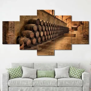 Wine Cellar Barrels Canvas Wall Art featuring wine cellar barrels in a interior scene composition 5 Panels Diamond Layout