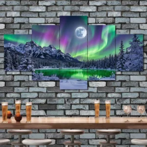 Winter Aurora Lake Canvas Wall Art featuring winter aurora lake in a landscape composition 5 Panels Diamond Layout
