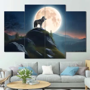 Wolf Under Full Moon Canvas Wall Art featuring wolf under full moon in a landscape composition 4 Panels Diamond Layout