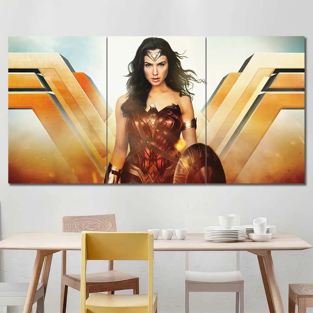 Wonder Woman canvas wall art featuring heroic warrior pose shield and cinematic battlefield atmosphere 3 Panels Regular Layout