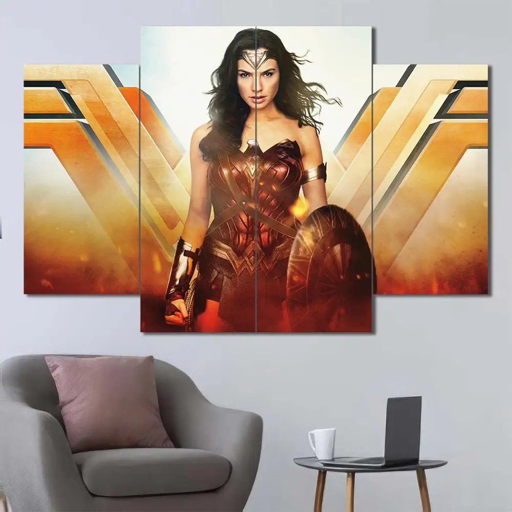 Wonder Woman canvas wall art featuring heroic warrior pose shield and cinematic battlefield atmosphere 4 Panels Diamond Layout