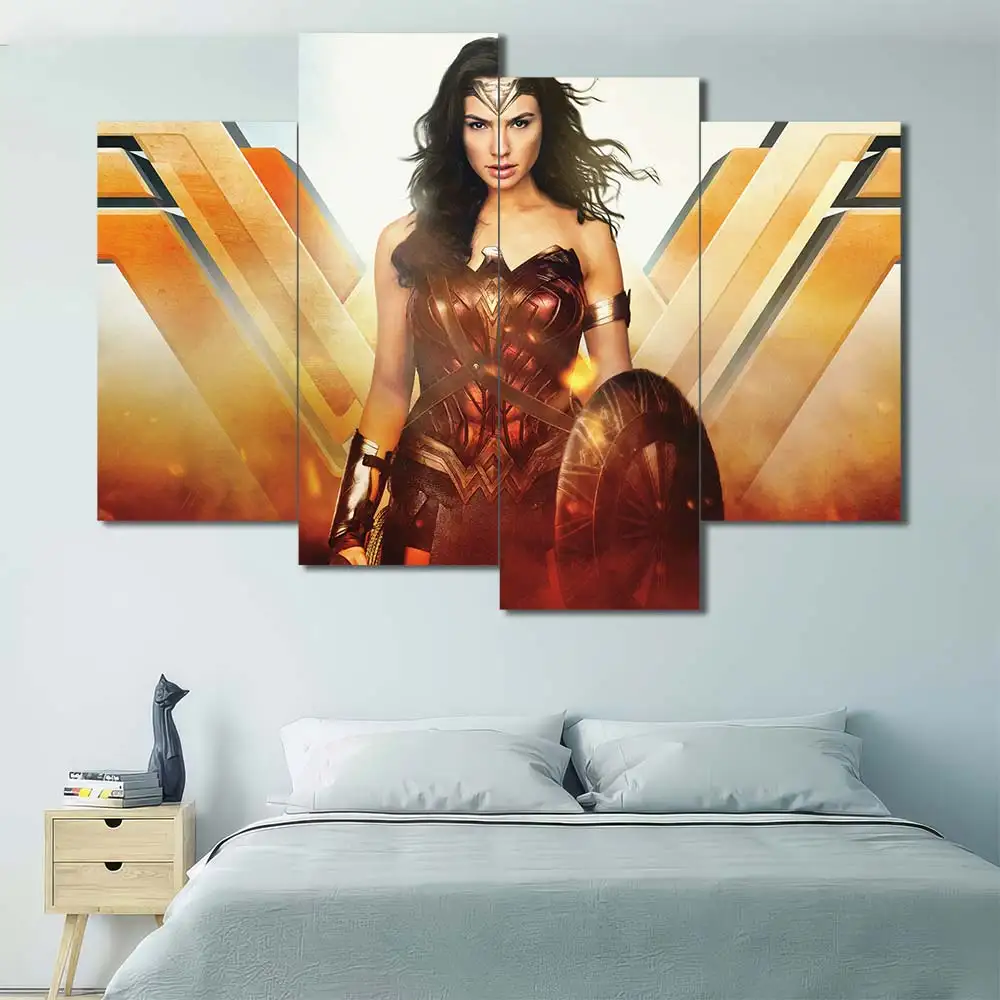 Wonder Woman canvas wall art featuring heroic warrior pose shield and cinematic battlefield atmosphere 4 Panels Uneven Layout