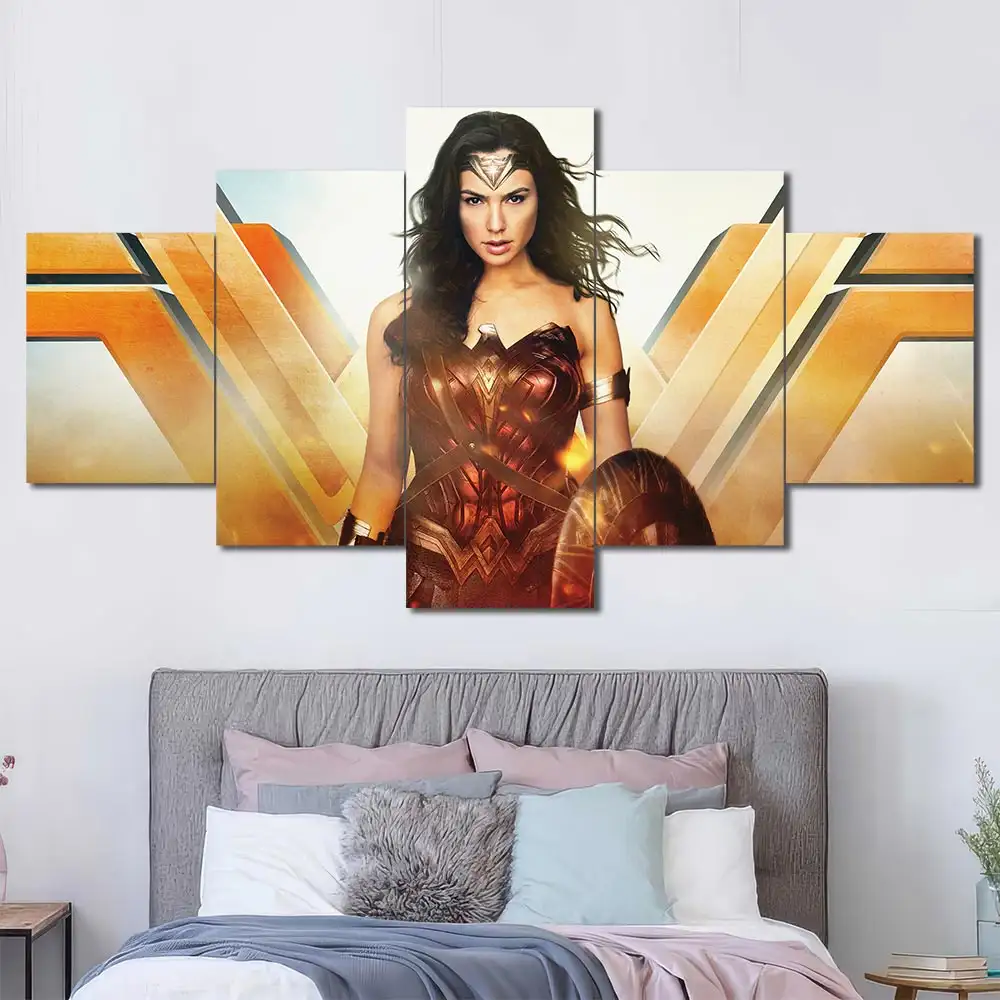 Wonder Woman canvas wall art featuring heroic warrior pose shield and cinematic battlefield atmosphere 5 Panels Diamond Layout