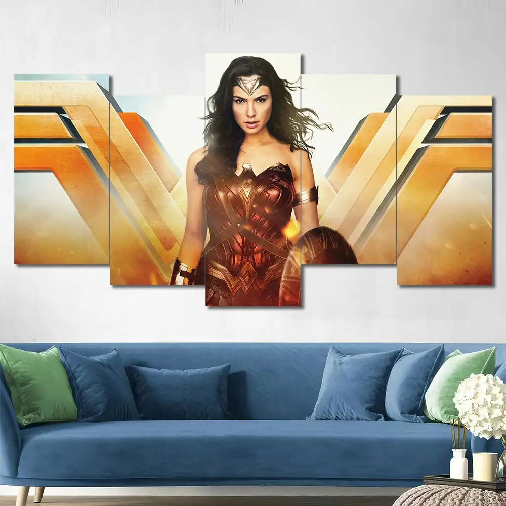 Wonder Woman canvas wall art featuring heroic warrior pose shield and cinematic battlefield atmosphere 5 Panels Uneven Layout