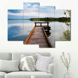 Wooden Dock on Lake Canvas Wall Art featuring wooden dock on lake in a landscape composition 4 Panels Uneven Layout
