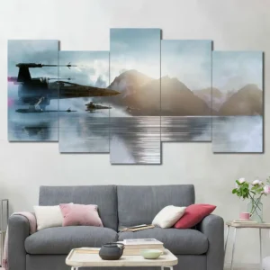 X-Wing Mountain Lake Wall Art – Misty Starfighter Landscape